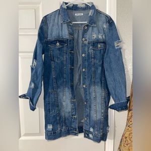 Long distressed denim jacket